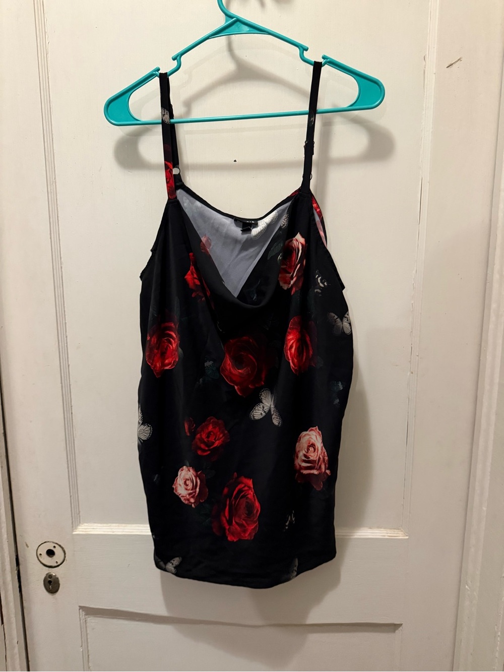 torrid Black Satin Floral Cowl Neck Cami with Red Roses